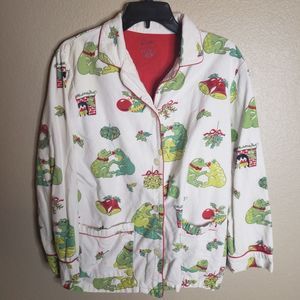 Nick & Nora Christmas Kissing Frogs Flannel Pajama Top Small White Green